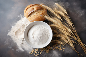 Flour in wooden bowl with wheat ears and bread on grey background, a Food & Drink Photo by AlyaAnd