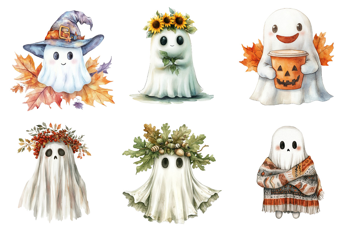 Cute Boho Fall Ghost Watercolor Clip, an Illustration by DreamArtGraphic (Photo 5 of 5)