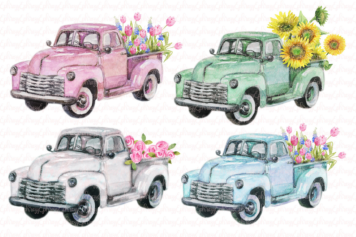 Spring truck clipart set, an Illustration by EphrazyGraphics