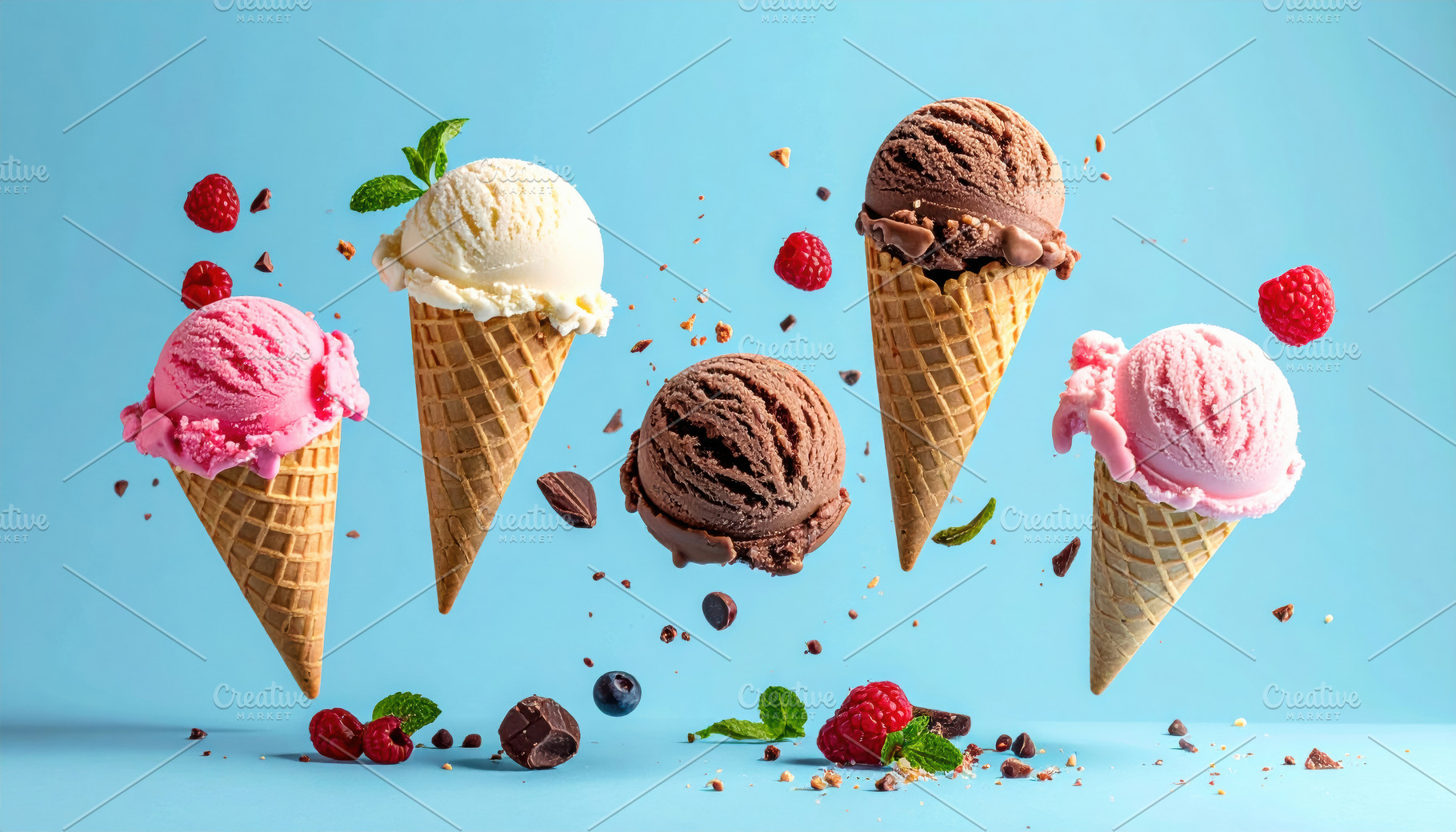 Floating Ice Cream Cones on Blue Background, a Food & Drink Photo by Davizro's Market