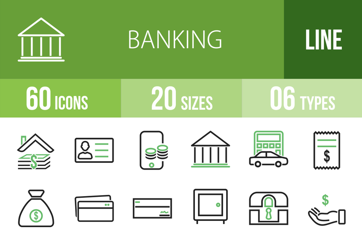 60 Banking Line Green & Black Icons