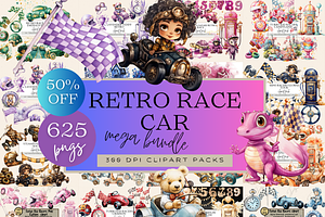RETRO RACE CAR MEGA BUNDLE CLIPART, a Person Illustration by Daring Digies