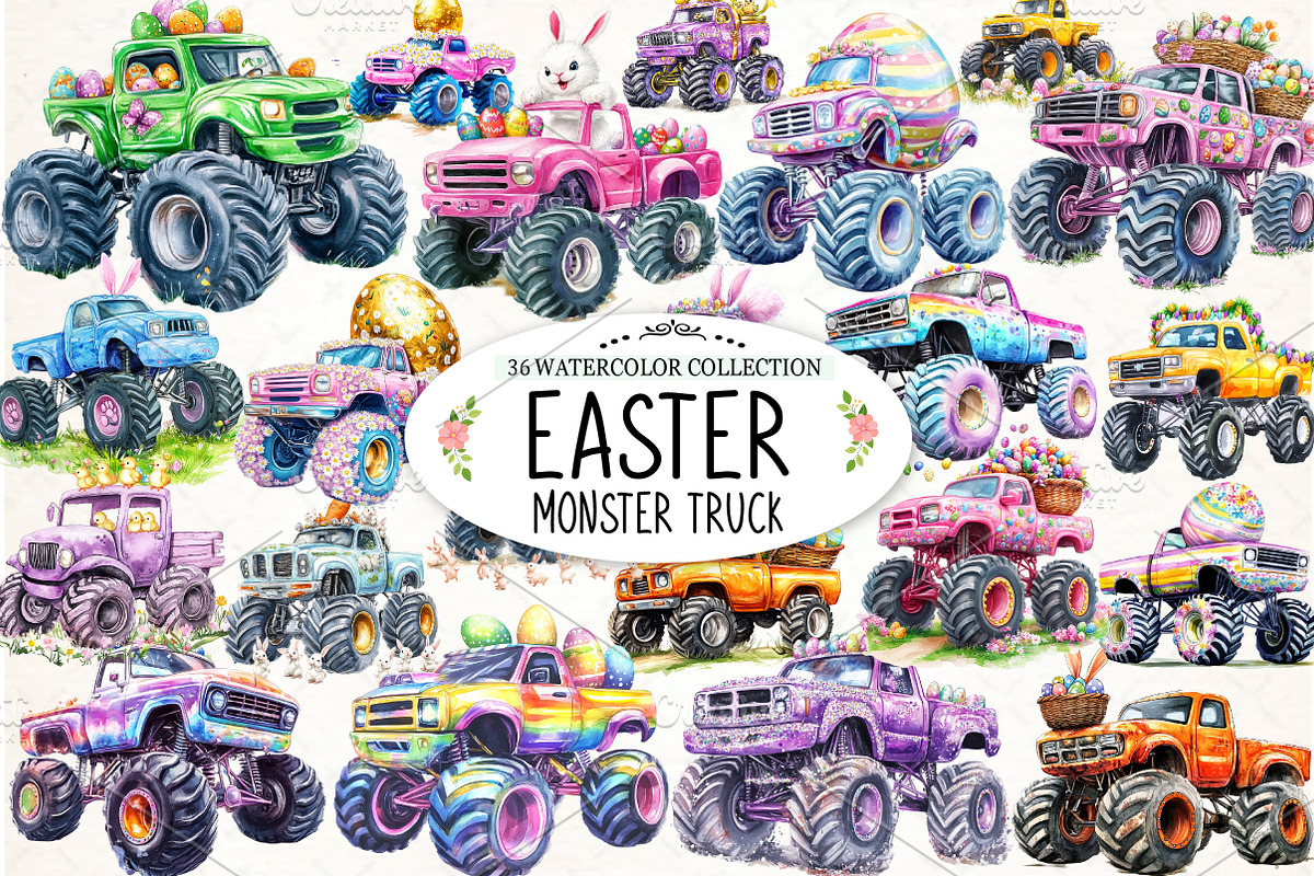 Easter Monster Truck Clipart Bundle, an Illustration by Watercolor design (Photo 1 of 4)