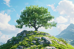 Green tree on green field on a hill, a Nature Photo by AlyaAnd