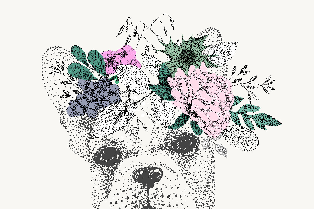 French bulldog in wreath of flowers, an Animal Illustration by Danya
