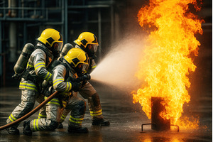 Three firefighters in protective, an Industrial Photo by Sergey Kotenev