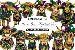 Cute Mardi Gras Highland Cow Clipart, an Illustration by Black Bird Studio