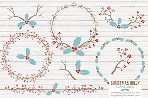 Red & Blue Christmas Holly Clipart, an Illustration by Amanda Ilkov