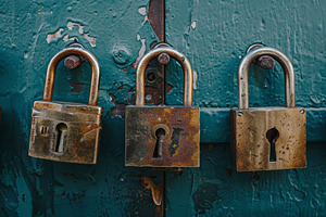 Three padlocks secured on a green do, a Photo by Iftikhar Alam