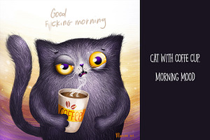 Cat with coffe cup. Morning mood