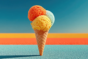 Colorful ice cream cone with three scoops on vibrant background,, a Food & Drink Photo by José Manuel Gelpi