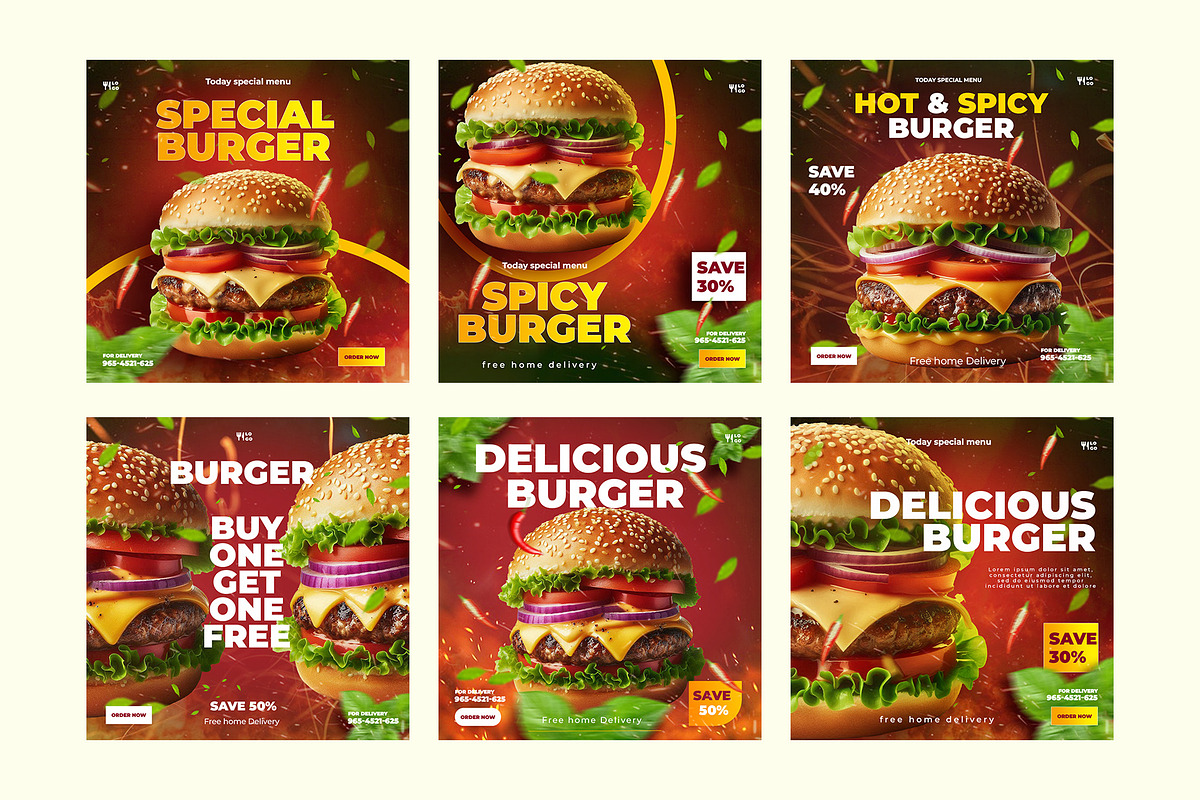 6 burger post  template design, a Social Media Template by graphic bakers (Photo 1 of 6)