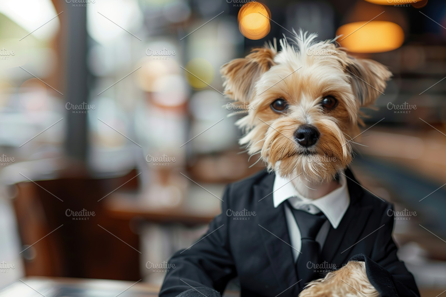 Cute dog in black suit on blurred restaurant background, an Animal Photo by AlyaAnd