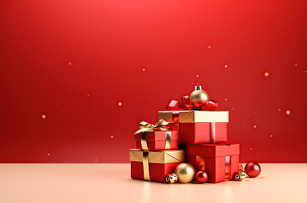 Christmas gift boxes with baubles on red background, a Holiday Photo by AlyaAnd