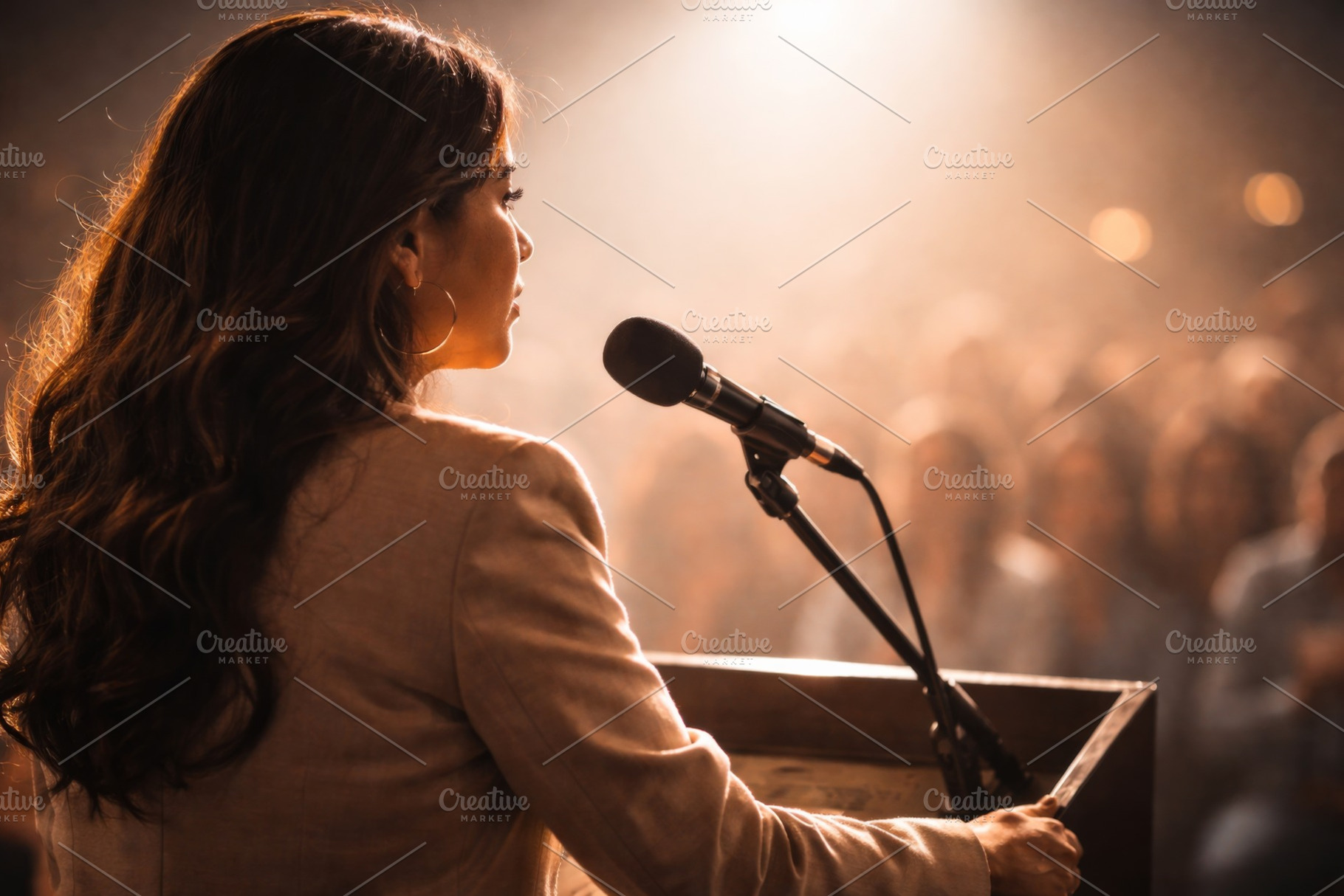 Woman speaker at podium addressing a, a Photo by Dvoevnore photos