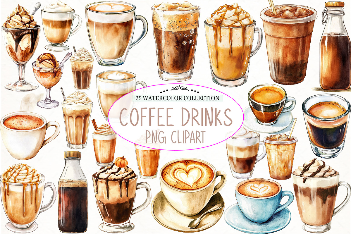 Watercolor Coffee Drinks Clipart, an Illustration by Watercolor design (Photo 1 of 4)
