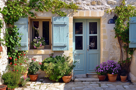 A charming stone Country French house style cottage with light blue shutters an, an Architecture Photo by Textures & Backgrounds