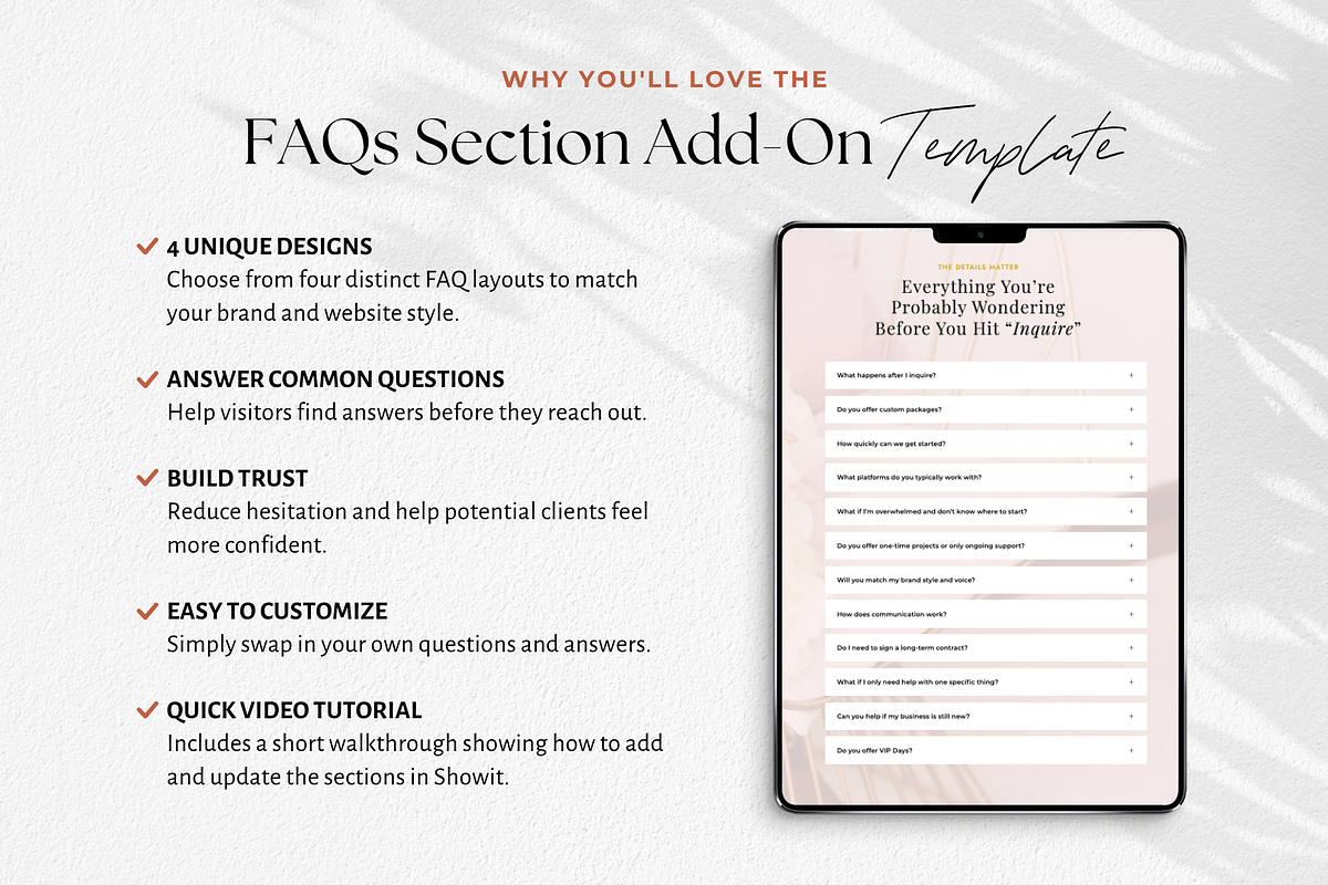 Showit FAQ Section Template Add On, a Landing Page Template by Sugar Studios (Photo 6 of 7)