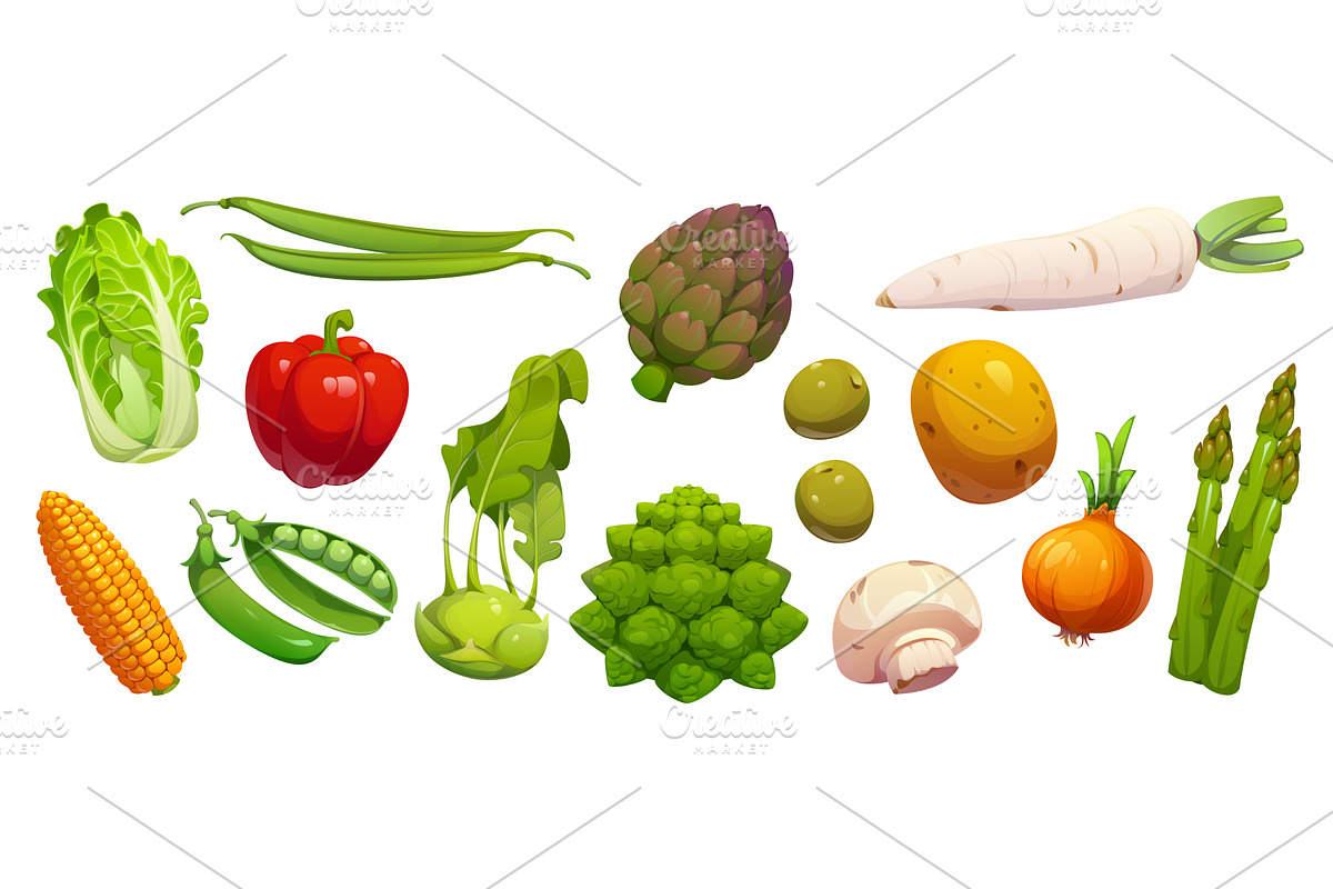 Cartoon raw ripe vegetables, farm, a Food Illustration by Vector Tradition
