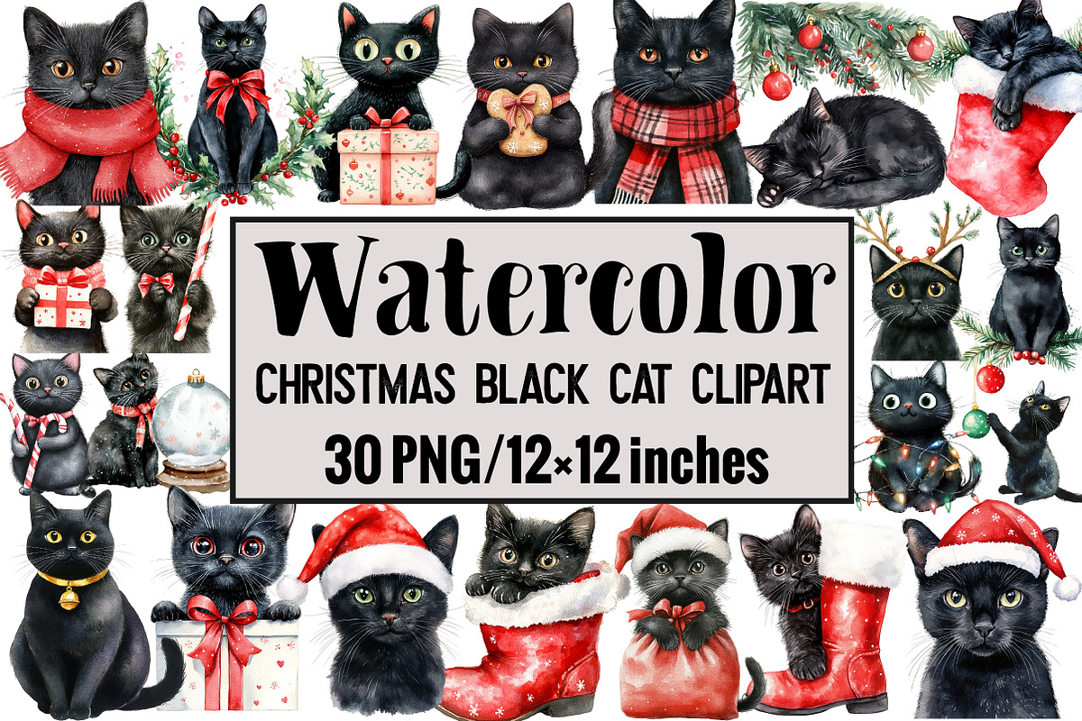 Christmas Black Cat Clipart, an Illustration by Design Market (Photo 1 of 3)