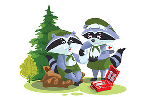 Scout raccoon bandaging first aid on