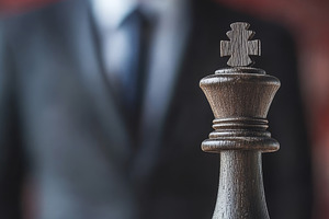 Chess King Piece with Blurred Businessman in Background, an Abstract Photo by Natalia Klenova's Shop