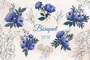 Blue Peony Flowers Set, a Decorative Illustration by Papatongartist (Thumbnail 4 of 6)