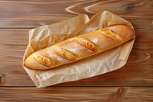Flat lay of freshly baked baguette on paper bag, a Food & Drink Photo by AlyaAnd