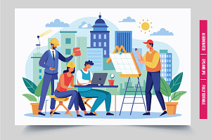 Workers review city building plan, an Illustration by Tanuart