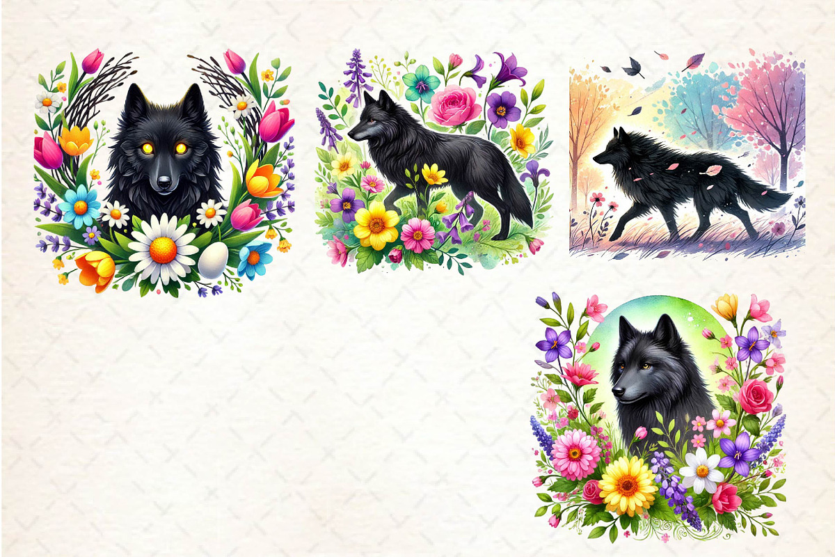 Spring Black Wolf Clipart, an Illustration by Dream Creation