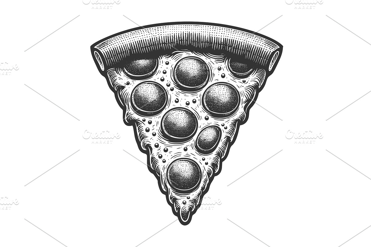 Pepperoni pizza slice sketch vector, a Food Illustration by AlexArt