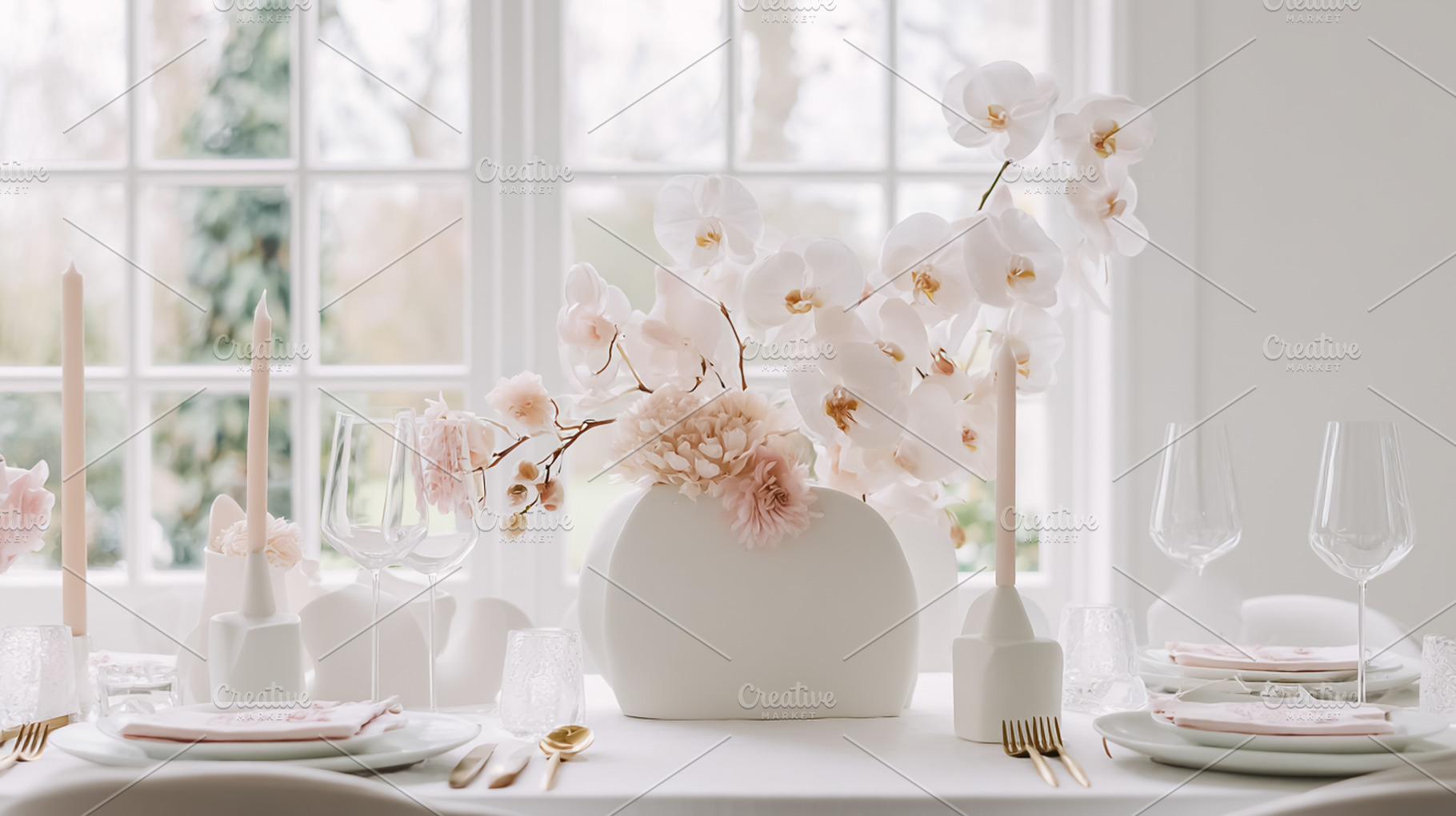Sophisticated table setting featuring a centerpiece of white orc, a Photo by Studio ANNA