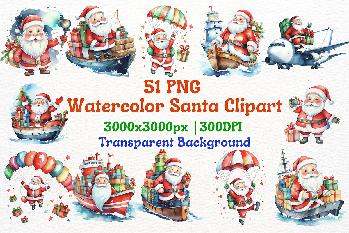 Watercolor Santa Clipart Bundle, a Seasonal Illustration by Vachira Digital Studio (Photo 1 of 8)