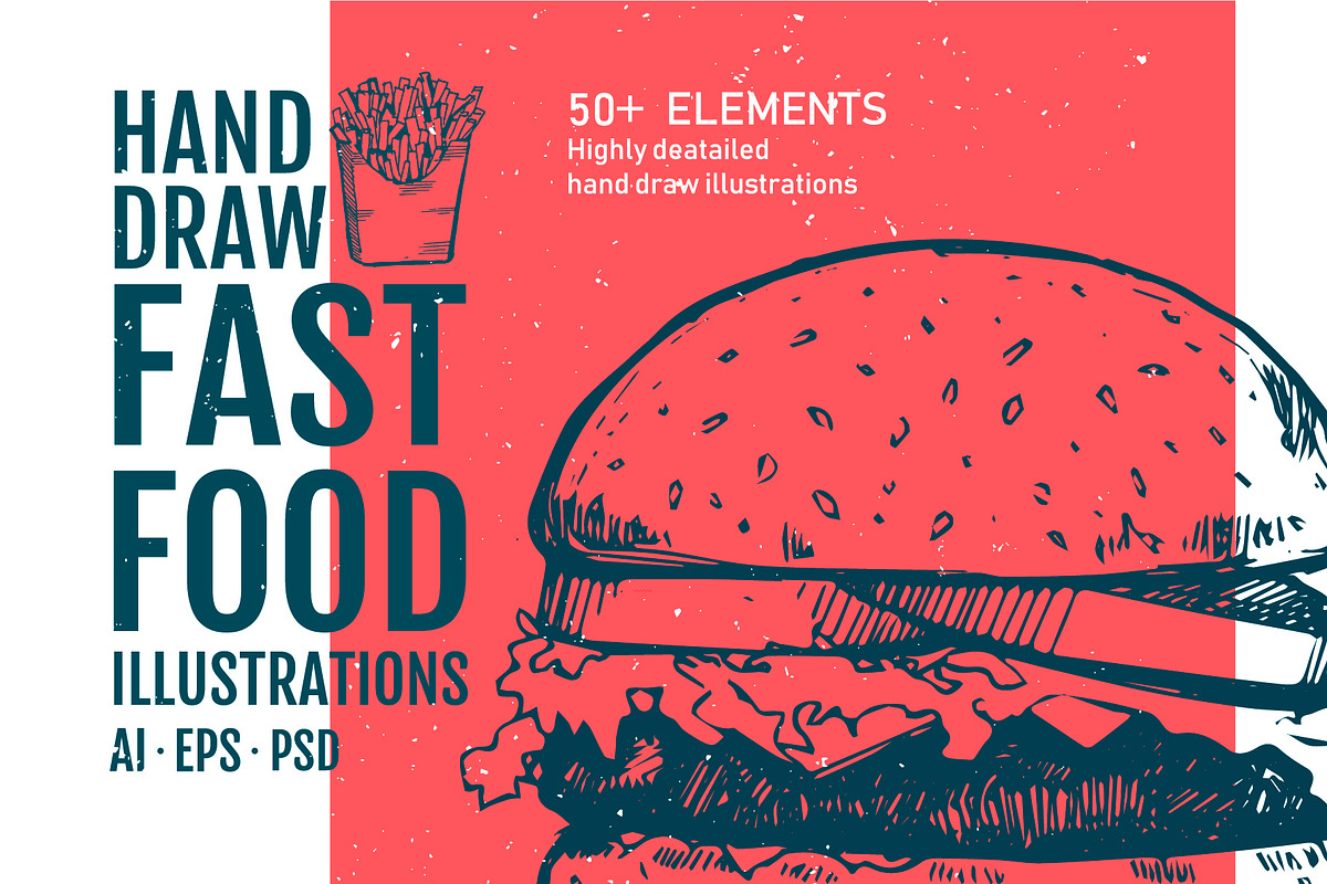 50+ Hand Drawn Fast Food Elements, a Food Illustration by Vitaliy Starkov (Photo 1 of 8)