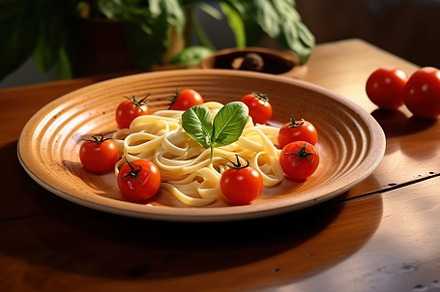 Tasty spaghetti with tomatoes and basil leafs in plate. Generative AI, a Food & Drink Photo by AlyaAnd