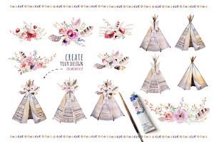 Watercolor Boho Teepee & Bouquets