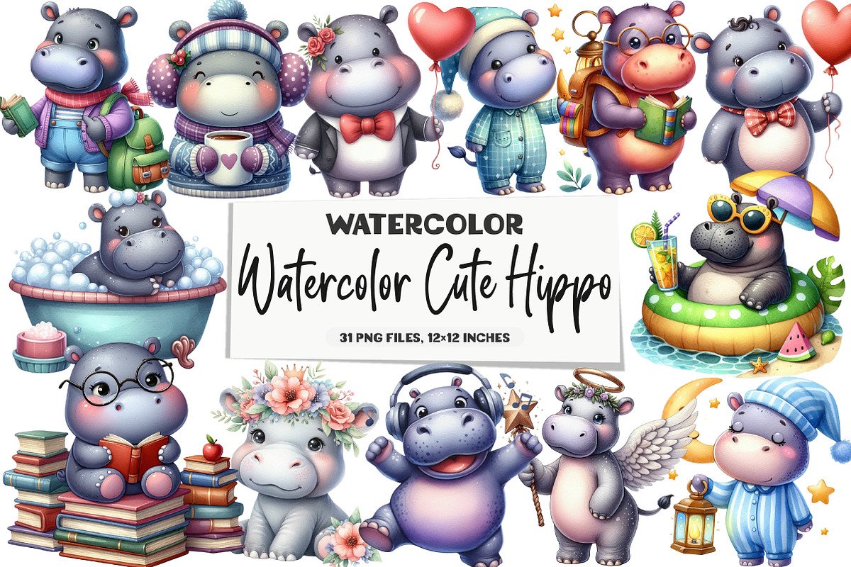 Watercolor Cute Hippo Clipart, an Illustration by DreamArtGraphic (Photo 1 of 5)