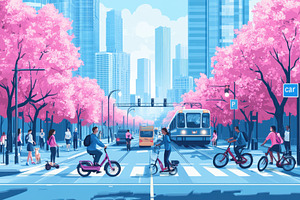 City Street Scene Pink Trees Electri, a Photo by Pixeness Studio