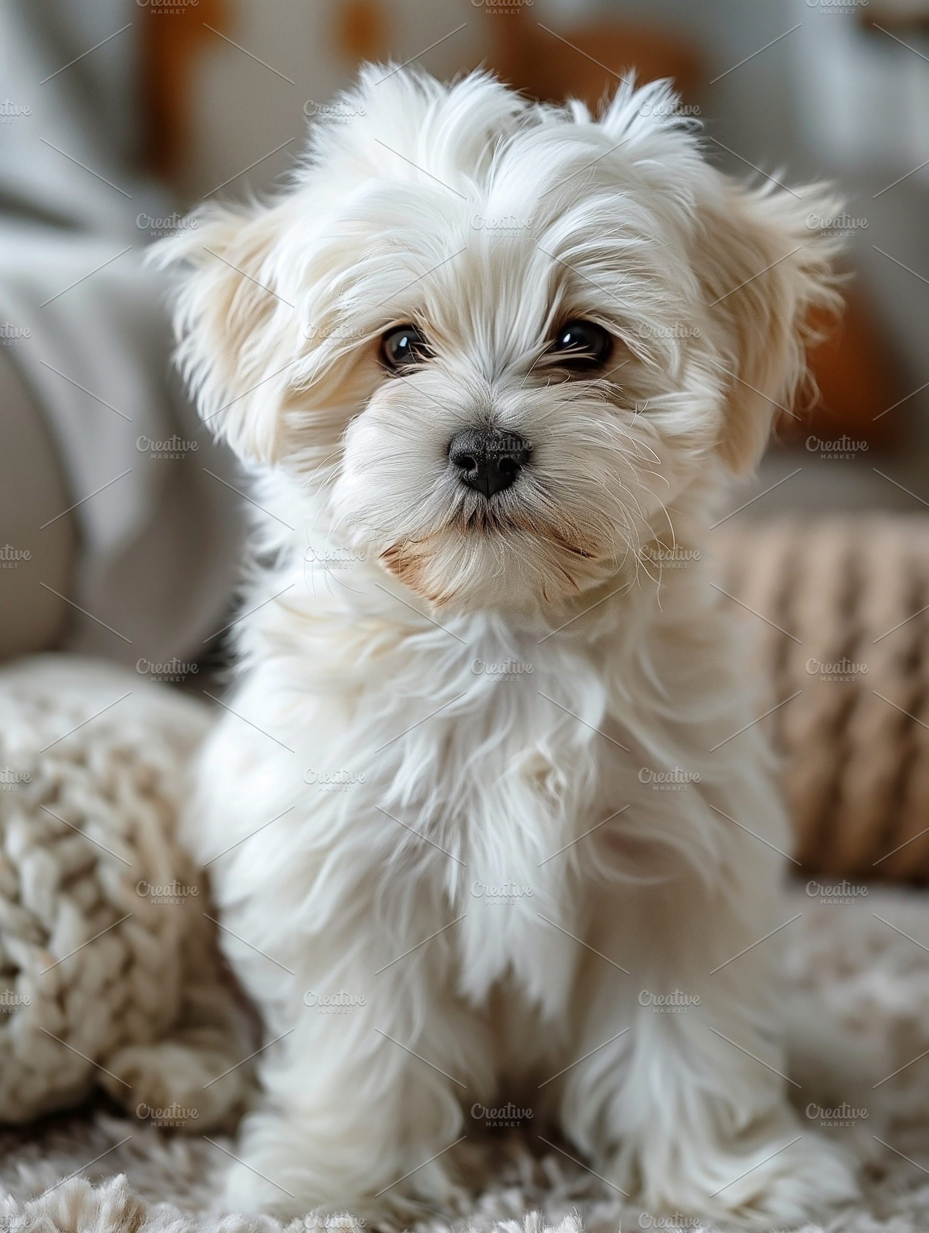 A fluffy white puppy with big, expressive eyes sits on a cozy blanket, exuding, an Animal Photo by ImageMir