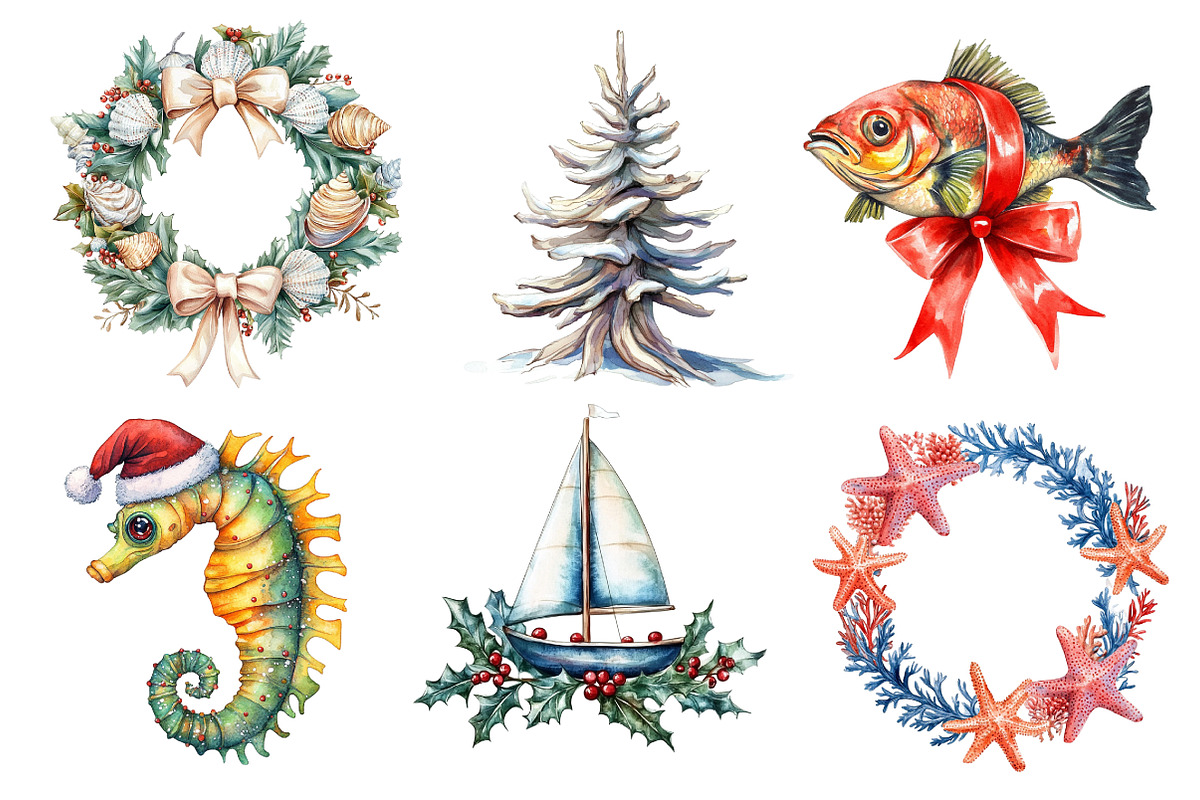 Watercolor Nautical Christmas Clipar, an Illustration by Dream Creation (Photo 6 of 7)