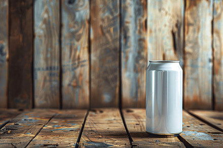 Blank aluminum can on wooden background, a Food & Drink Photo by AlyaAnd
