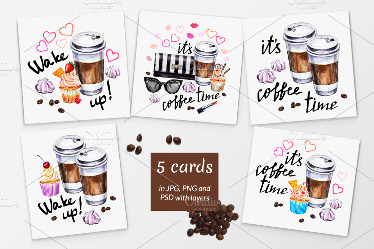 Watercolor coffee set illustration., a Food Illustration by Lina's store (Photo 2 of 5)
