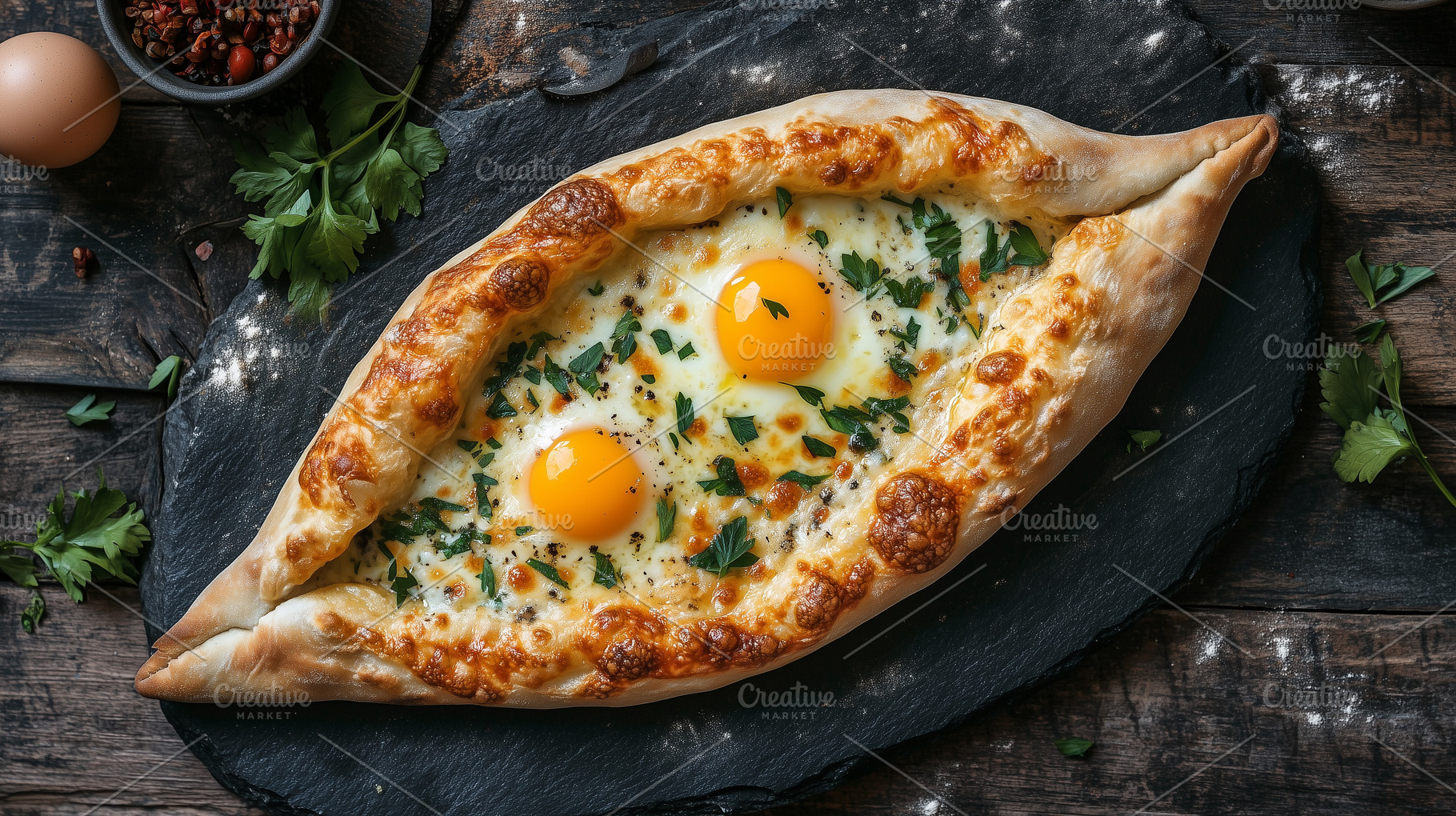 Top view on a georgian khachapuri, a Food & Drink Photo by MistyDay