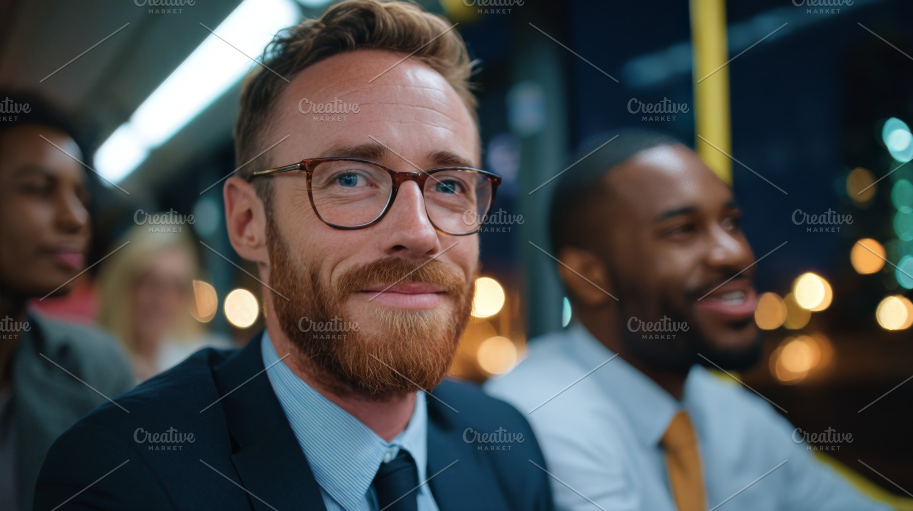 A smiling Caucasian man with glasses on a bus, exuding confidence, alongside di, a Business Photo by ImageMir