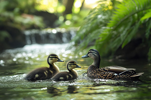 Duck and ducklings swim in a serene, a Photo by Tanuart