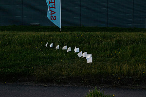 White flags placed on grass field near banner in Akranes, Iceland at evening, a Photo by AS photostudio