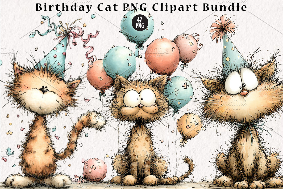 Birthday Cat PNG Clipart Bundle, a Seasonal Illustration by CreationArt (Photo 1 of 5)