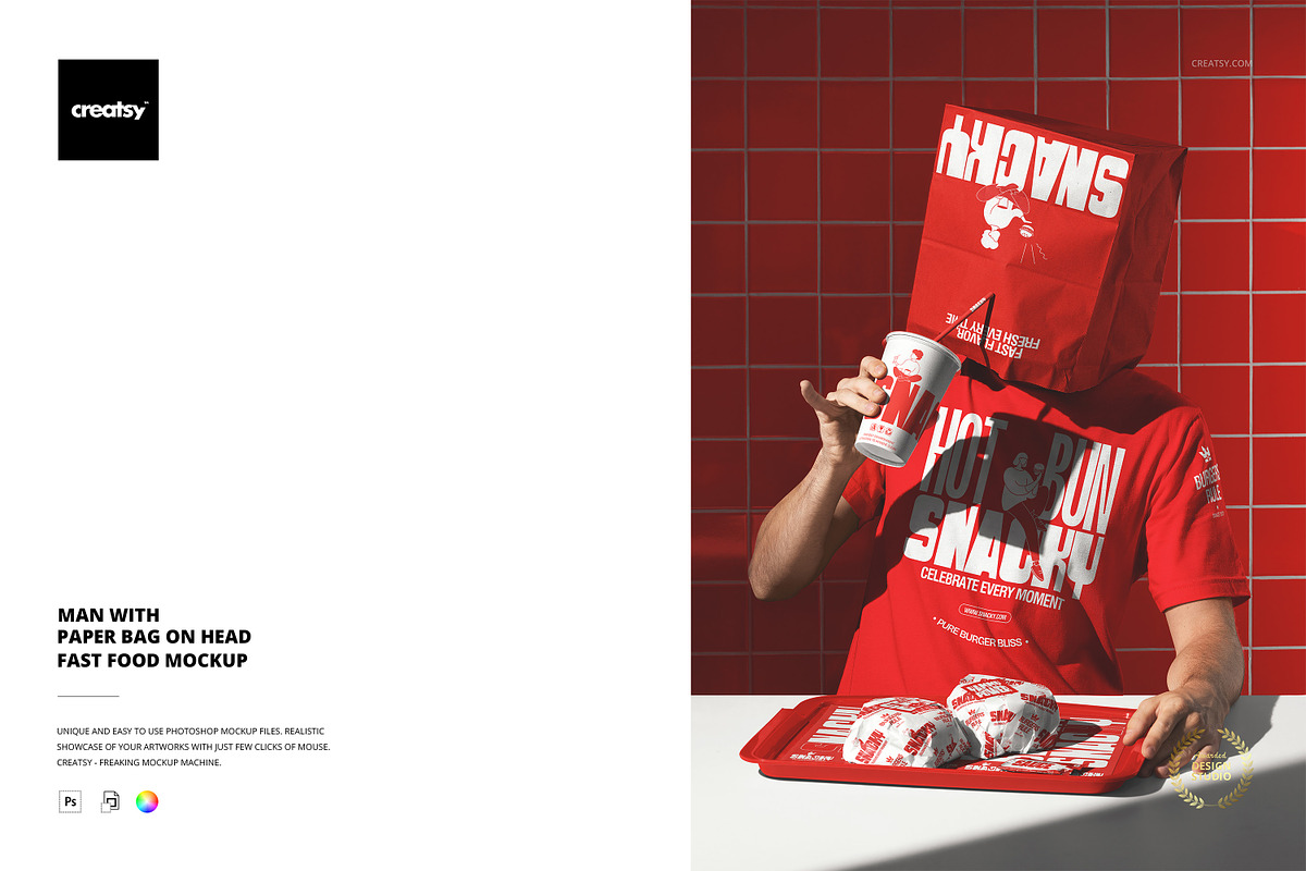 Man with Paper Bag on Head Fast Food, a Packaging Mockup by creatsy5 (Photo 1 of 6)