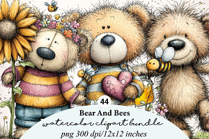 Watercolor Bear And Bees Clipart, a Transportation Illustration by Digital Artistic99