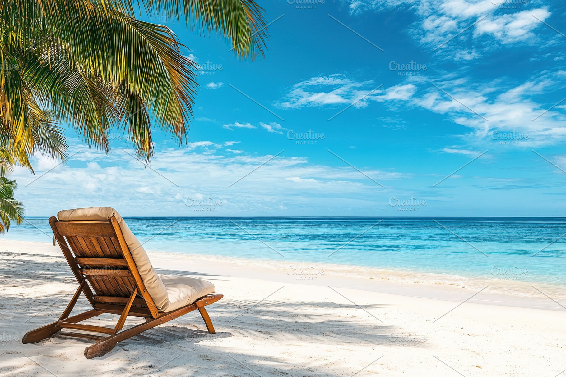 Relaxing wooden chair with soft pillow by the tranquil beach under clear blue s, a Nature Photo by AlyaAnd
